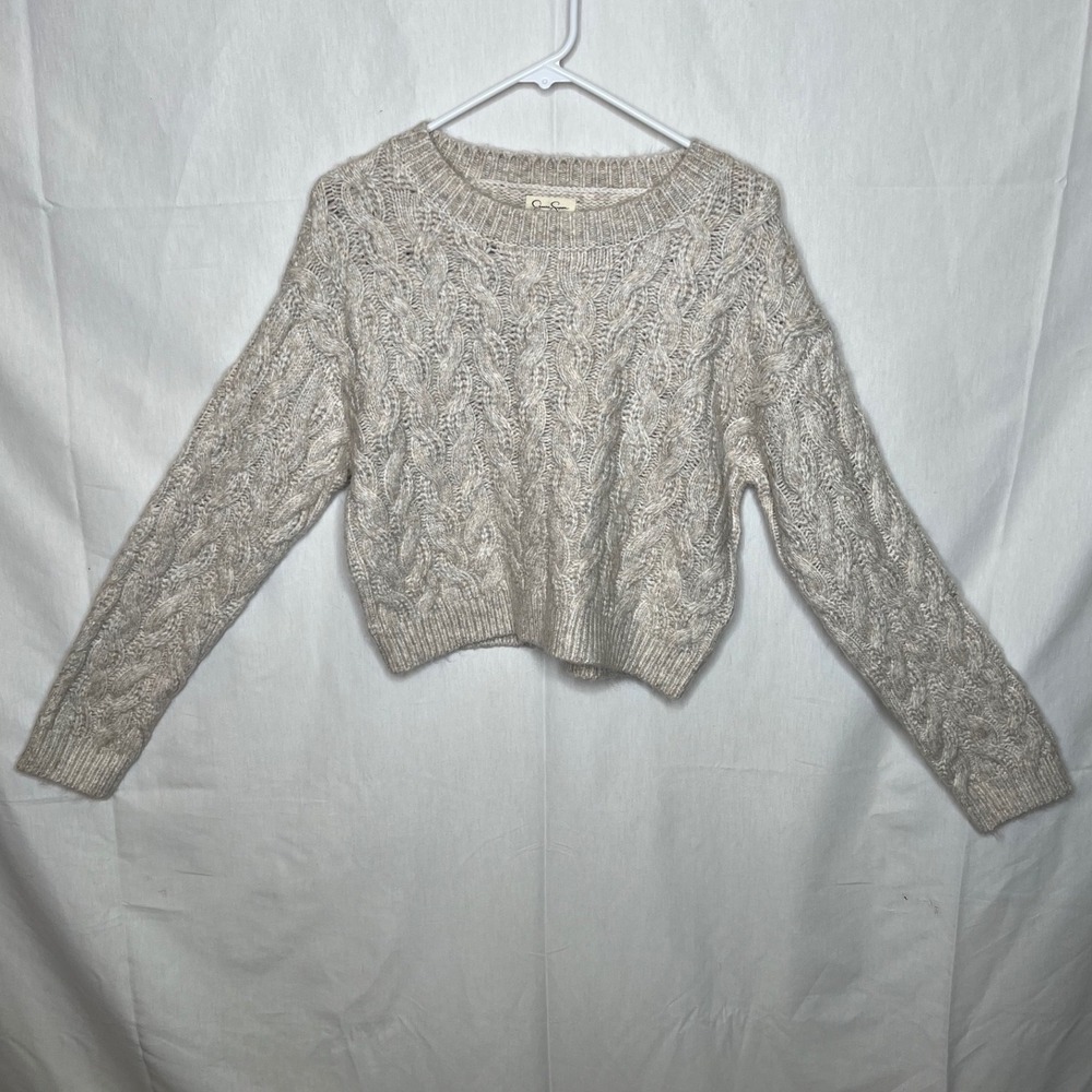 Jessica Simpson Womens Beige Cable Knit Cropped Sweater Oatmeal Marl Size Large